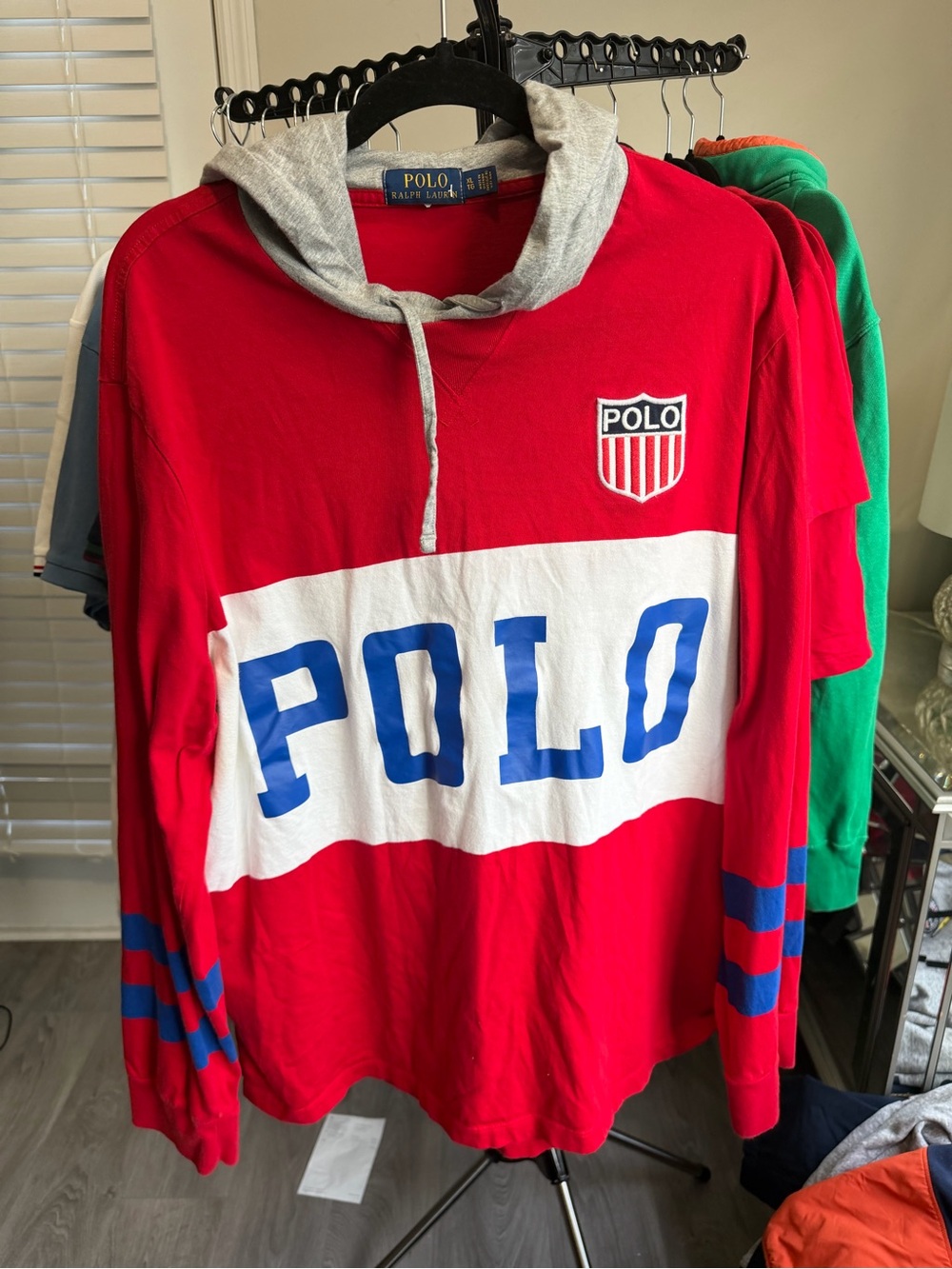 Polo by Ralph Lauren Red Hooded Logo Rugby Shirt with Blue Lettering